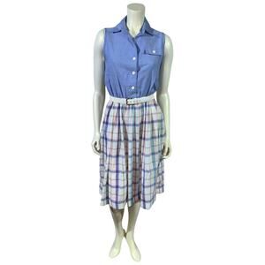 Vintage Paul Alfred USA Made Sleeveless Chambray & Plaid Shirt Dress - Size 12